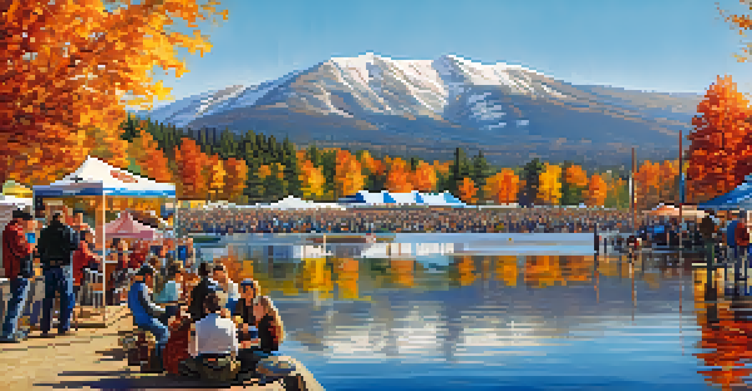 A scenic view of Big Bear Lake during Oktoberfest, featuring fall foliage, festival activities, and mountains in the background.