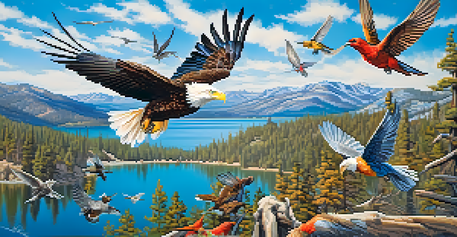 A lively scene of birds in flight over Big Bear Lake, including a bald eagle and hummingbirds, against a backdrop of mountains.