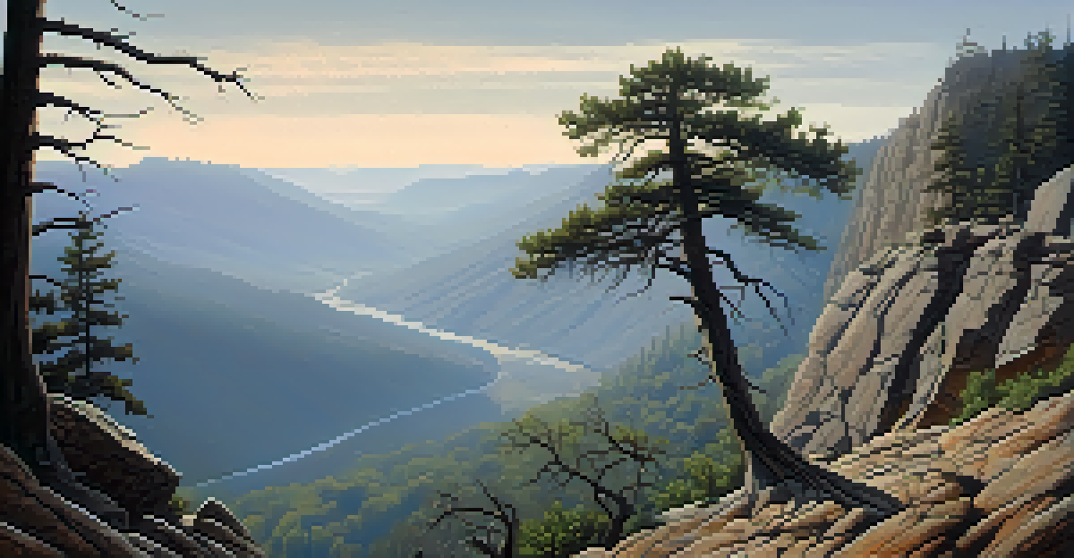 A rugged landscape on Castle Rock Trail, with mist and shadowy figures surrounding the rocky terrain.