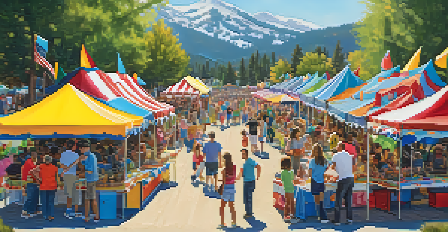 Volunteers setting up a summer fair in Big Bear, with colorful tents and decorations, and happy families around.