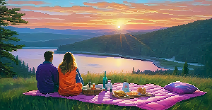 A stunning sunset with a couple enjoying a picnic at Eagle Point, surrounded by colorful skies and a tranquil atmosphere.