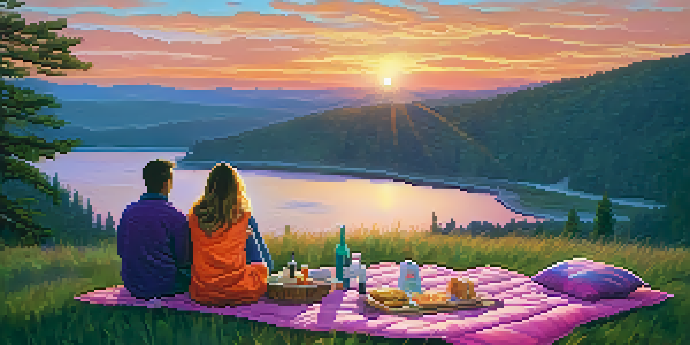 A stunning sunset with a couple enjoying a picnic at Eagle Point, surrounded by colorful skies and a tranquil atmosphere.