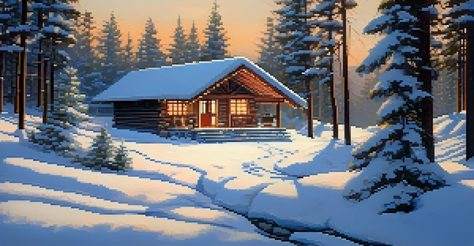 A winter shelter made from pine branches and snow in a snowy forest, with a warm fire pit in front.