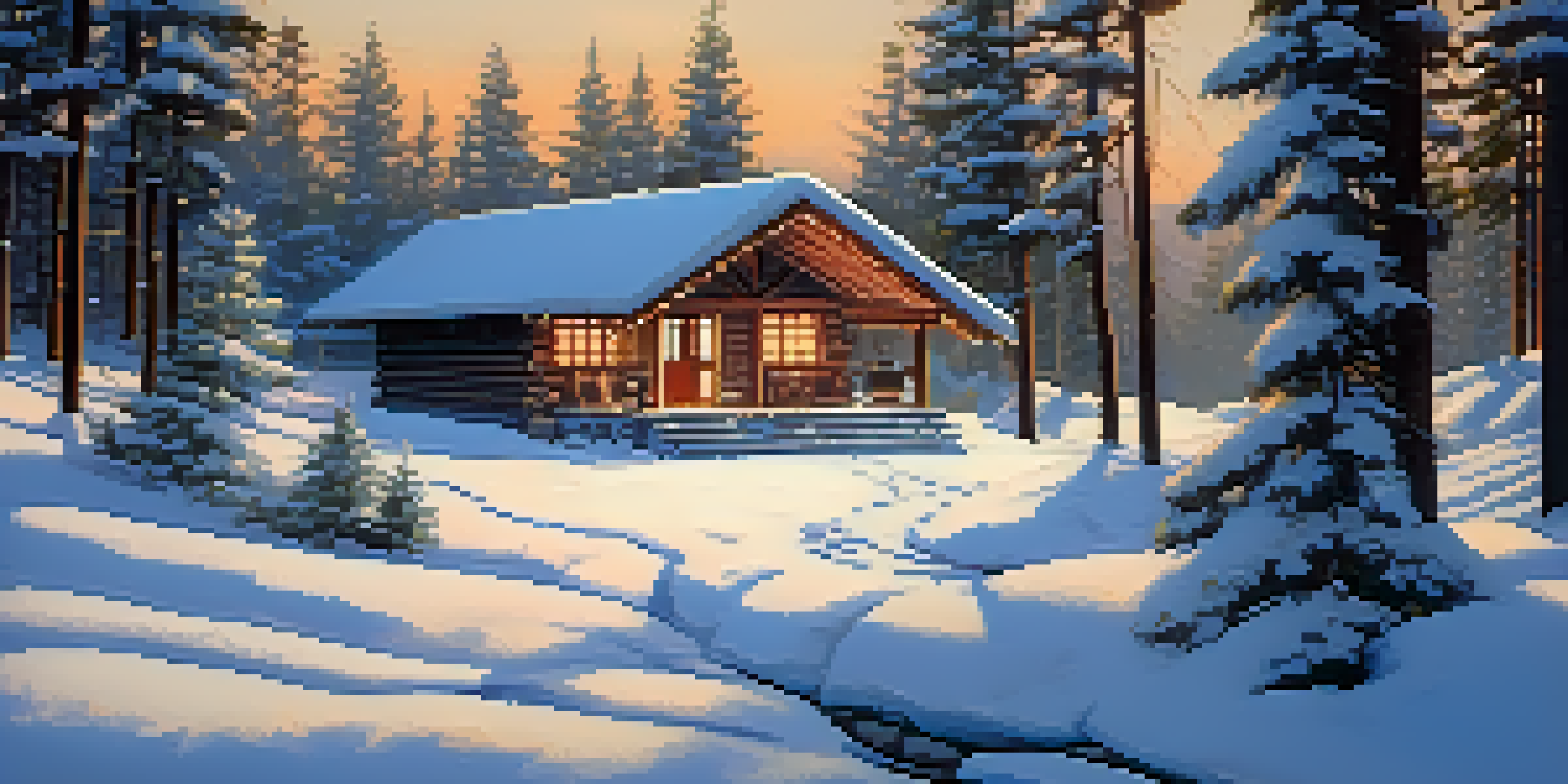 A winter shelter made from pine branches and snow in a snowy forest, with a warm fire pit in front.