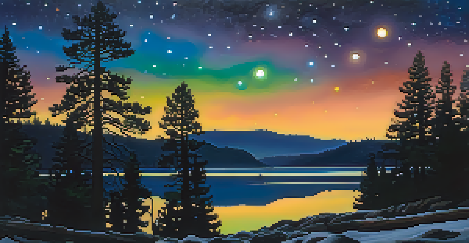 Mysterious colorful lights in the night sky above Big Bear Lake with silhouettes of trees.