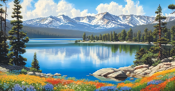 A peaceful alpine scene in Big Bear with tall Jeffrey Pine trees, blooming wildflowers, a clear lake, and snow-capped mountains under a blue sky.