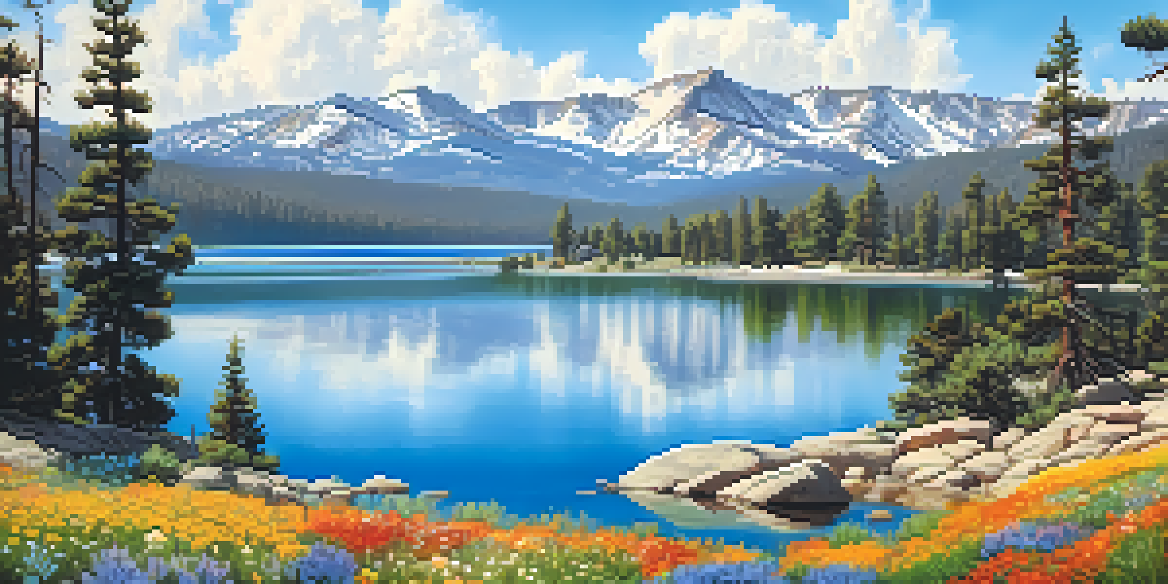 A peaceful alpine scene in Big Bear with tall Jeffrey Pine trees, blooming wildflowers, a clear lake, and snow-capped mountains under a blue sky.