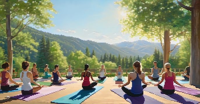 A group of people practicing yoga outdoors in a beautiful natural setting, surrounded by trees and mountains.