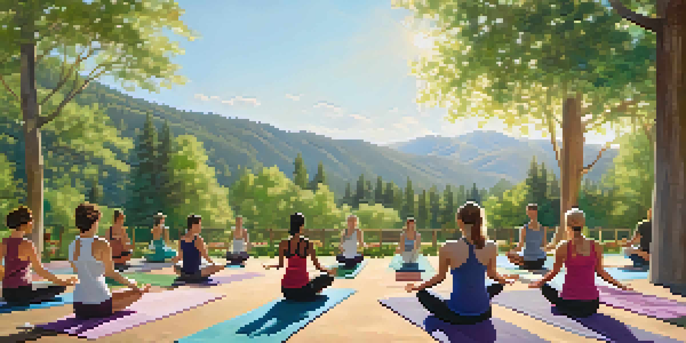 A group of people practicing yoga outdoors in a beautiful natural setting, surrounded by trees and mountains.