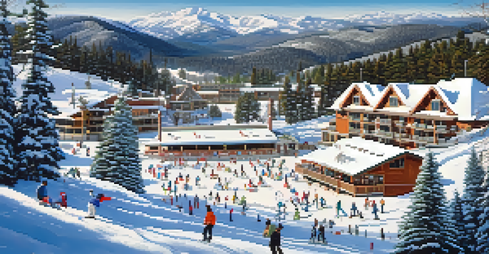 A snowy landscape at Big Bear Resorts with skiers and snowboarders, pine trees, and a family building a snowman.