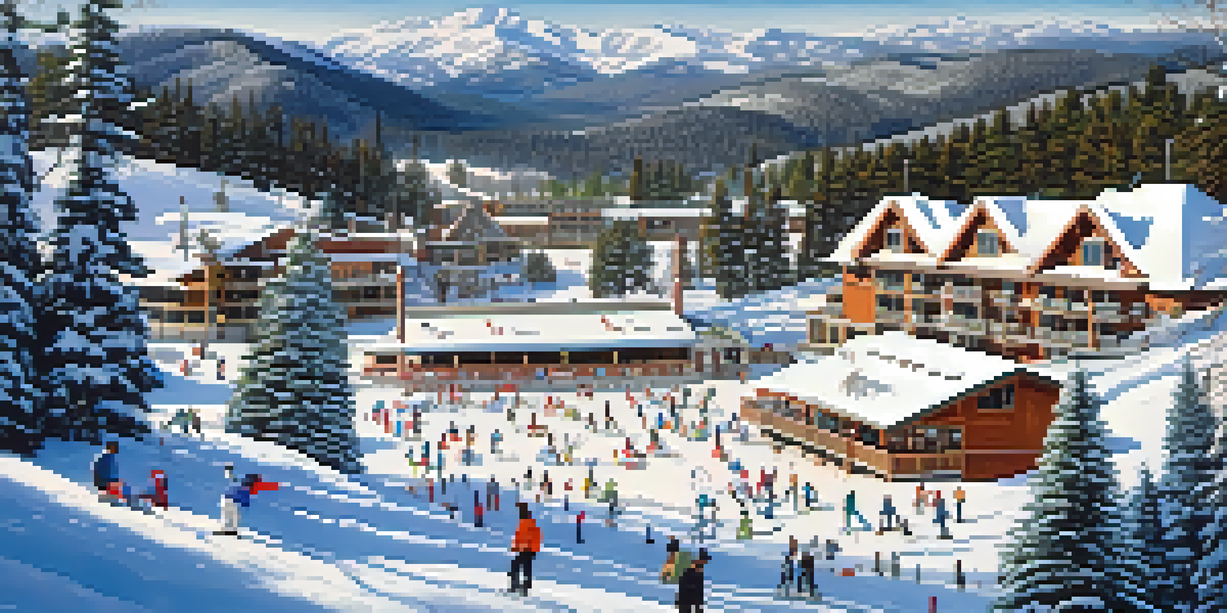 A snowy landscape at Big Bear Resorts with skiers and snowboarders, pine trees, and a family building a snowman.