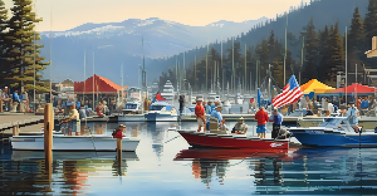 A vibrant fishing tournament at Big Bear Marina with anglers in boats and on the dock displaying their catches.