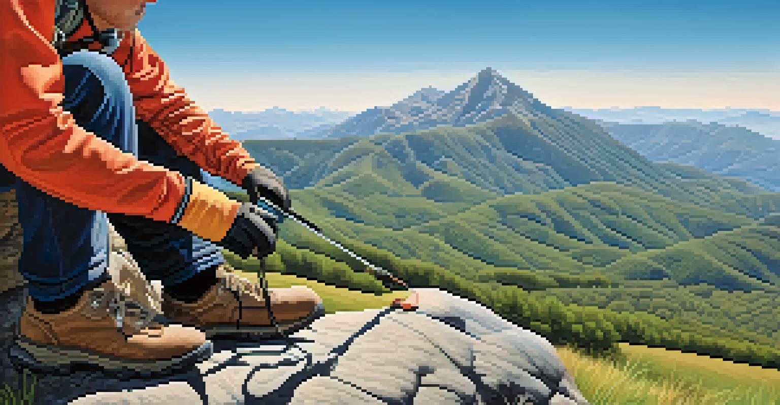 A hiker adjusting trekking poles while sitting on a rock with a mountain view.