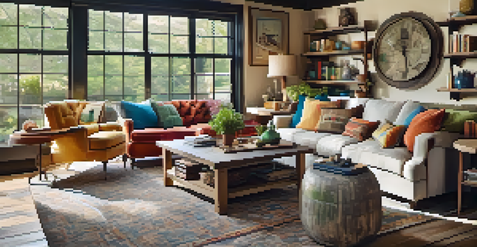 A cozy living room with a handcrafted wooden coffee table, colorful armchairs, and unique decor items, illuminated by warm lighting.