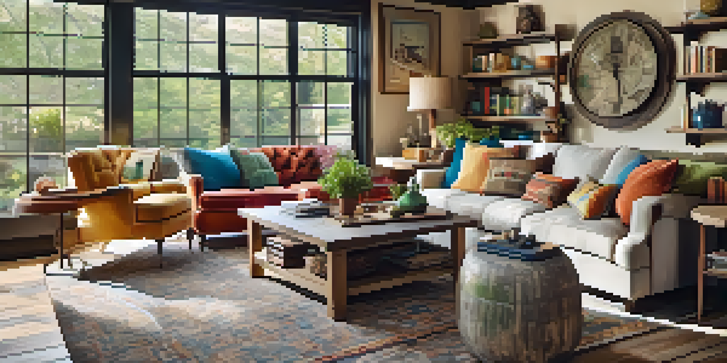 A cozy living room with a handcrafted wooden coffee table, colorful armchairs, and unique decor items, illuminated by warm lighting.