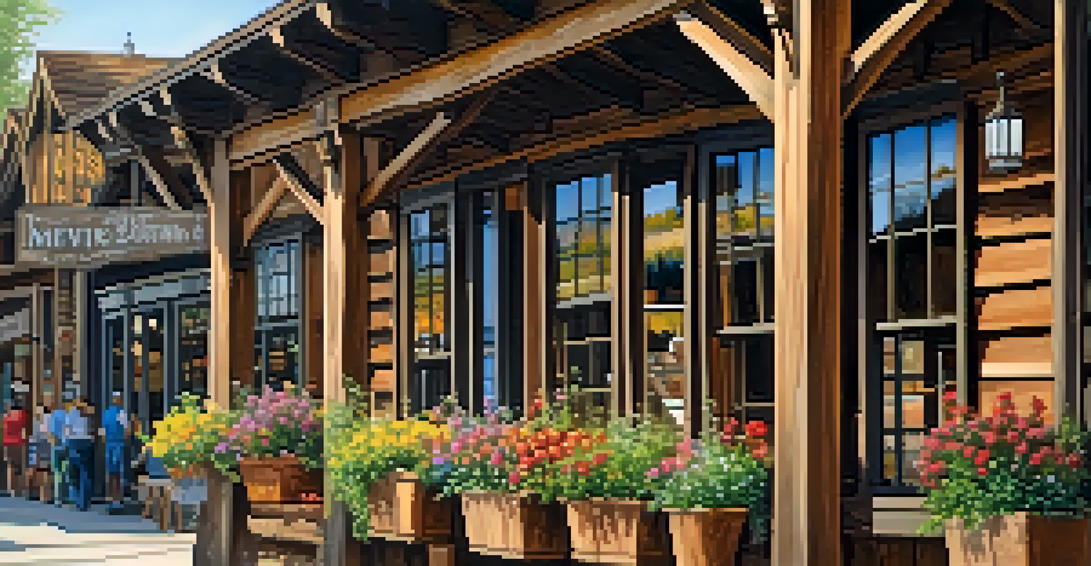 A detailed close-up of rustic architecture in Big Bear Valley, featuring weathered wooden beams and colorful flowers in window boxes.