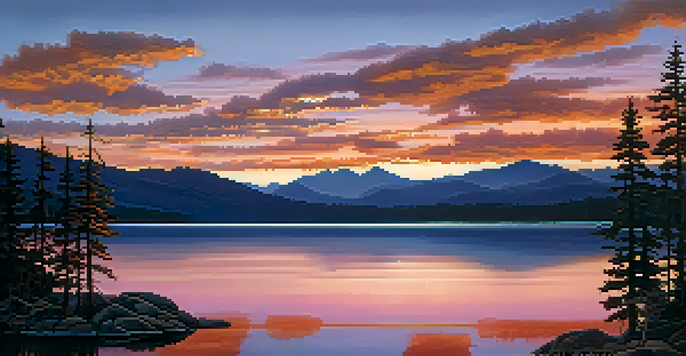 A stunning sunset over a lake, with colorful reflections and mountains in the background.