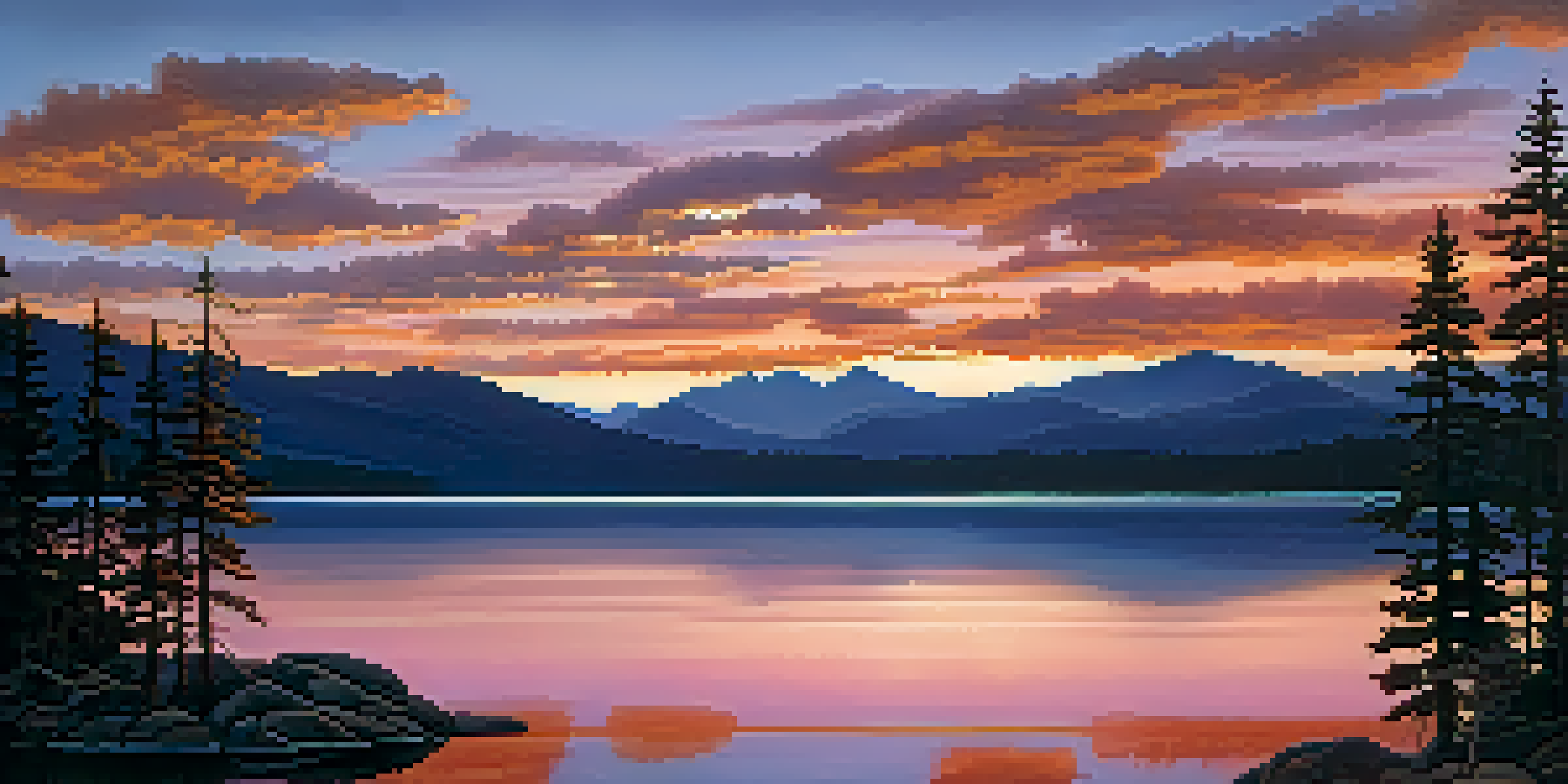 A stunning sunset over a lake, with colorful reflections and mountains in the background.