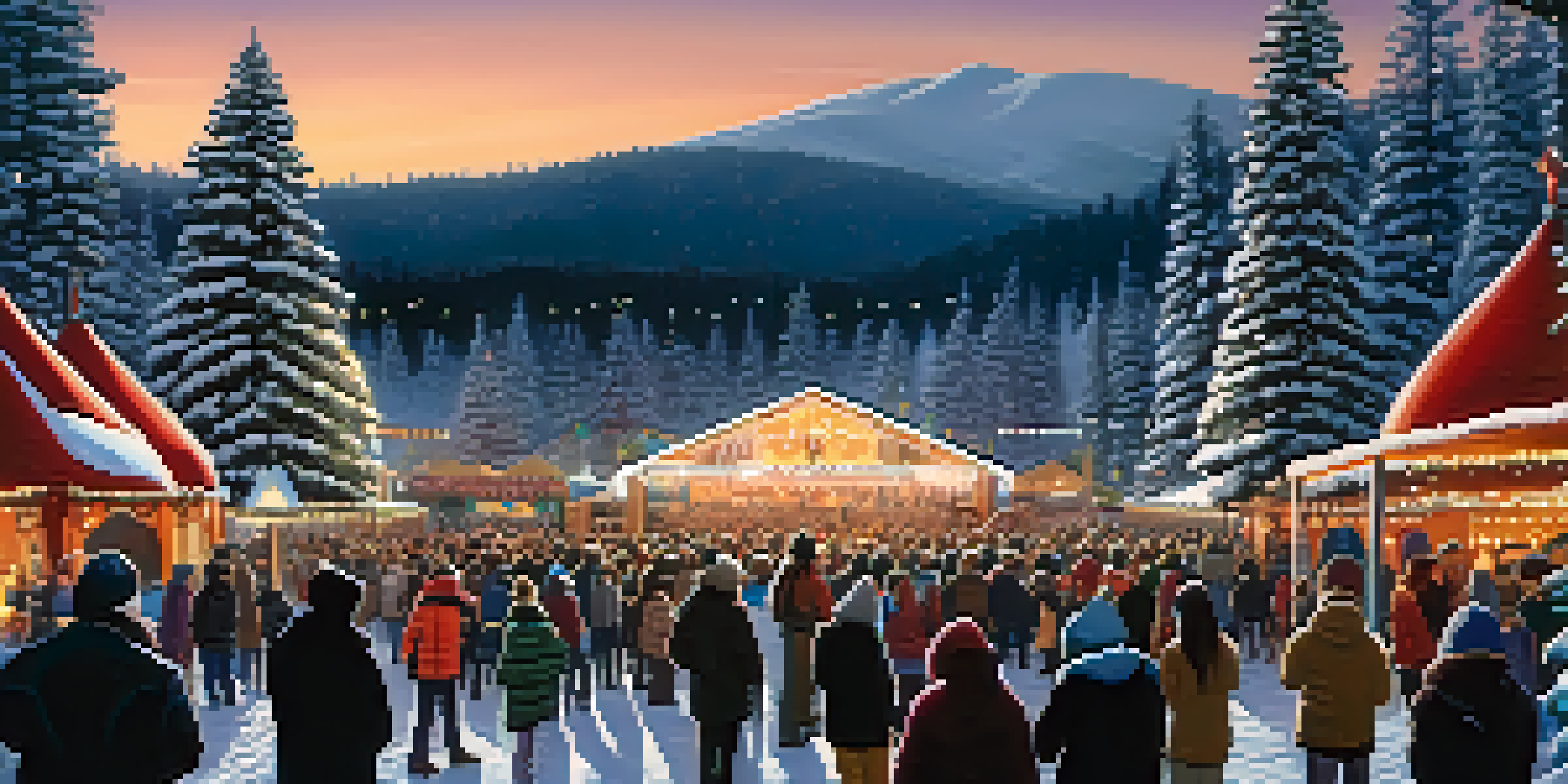 A snowy outdoor music festival with people enjoying live performances, surrounded by snow-covered trees and festive lights.