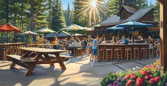 An outdoor family-friendly brewery scene at Big Bear Lake Brewing Company with families enjoying drinks and children playing games.