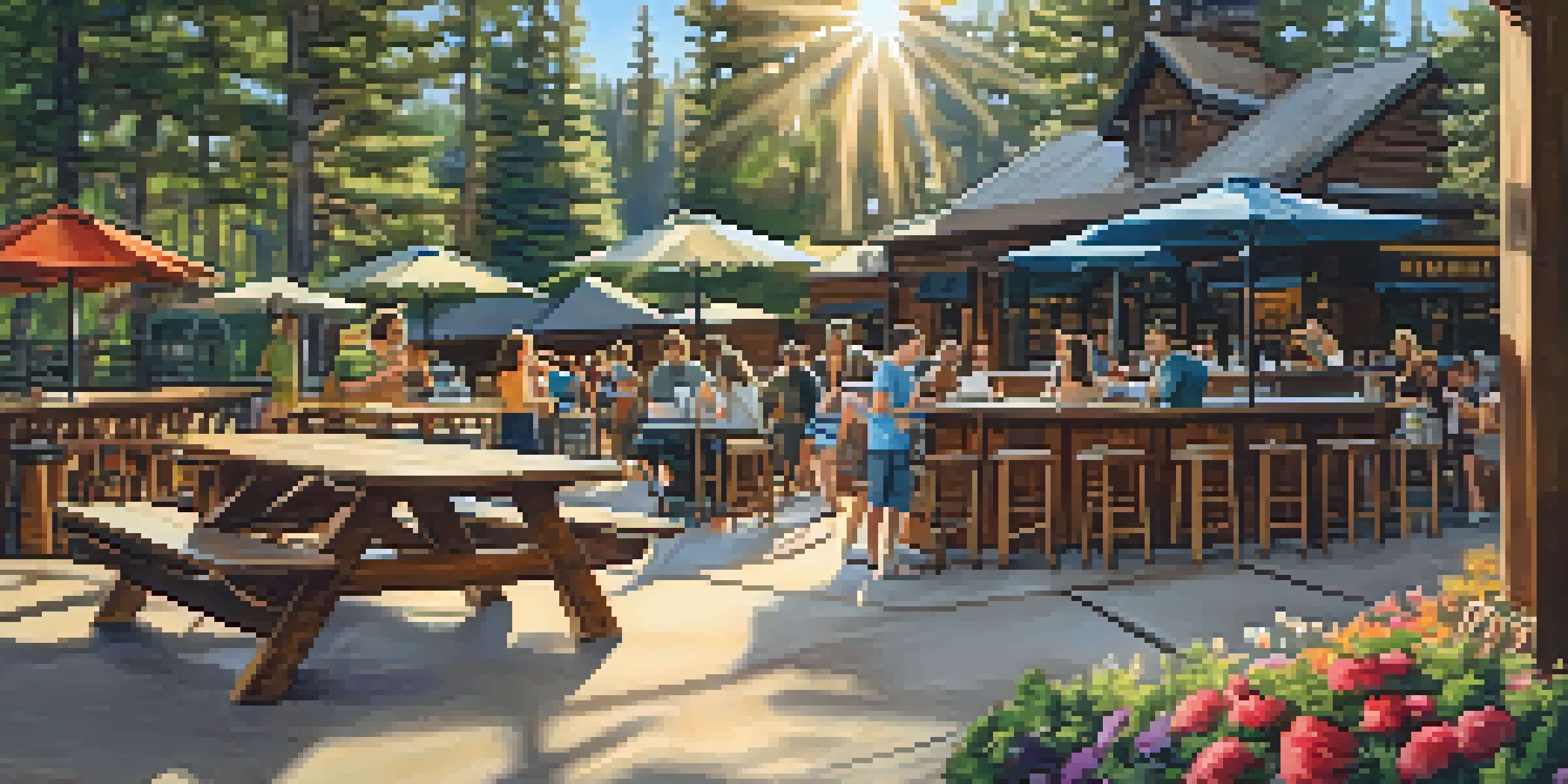 An outdoor family-friendly brewery scene at Big Bear Lake Brewing Company with families enjoying drinks and children playing games.