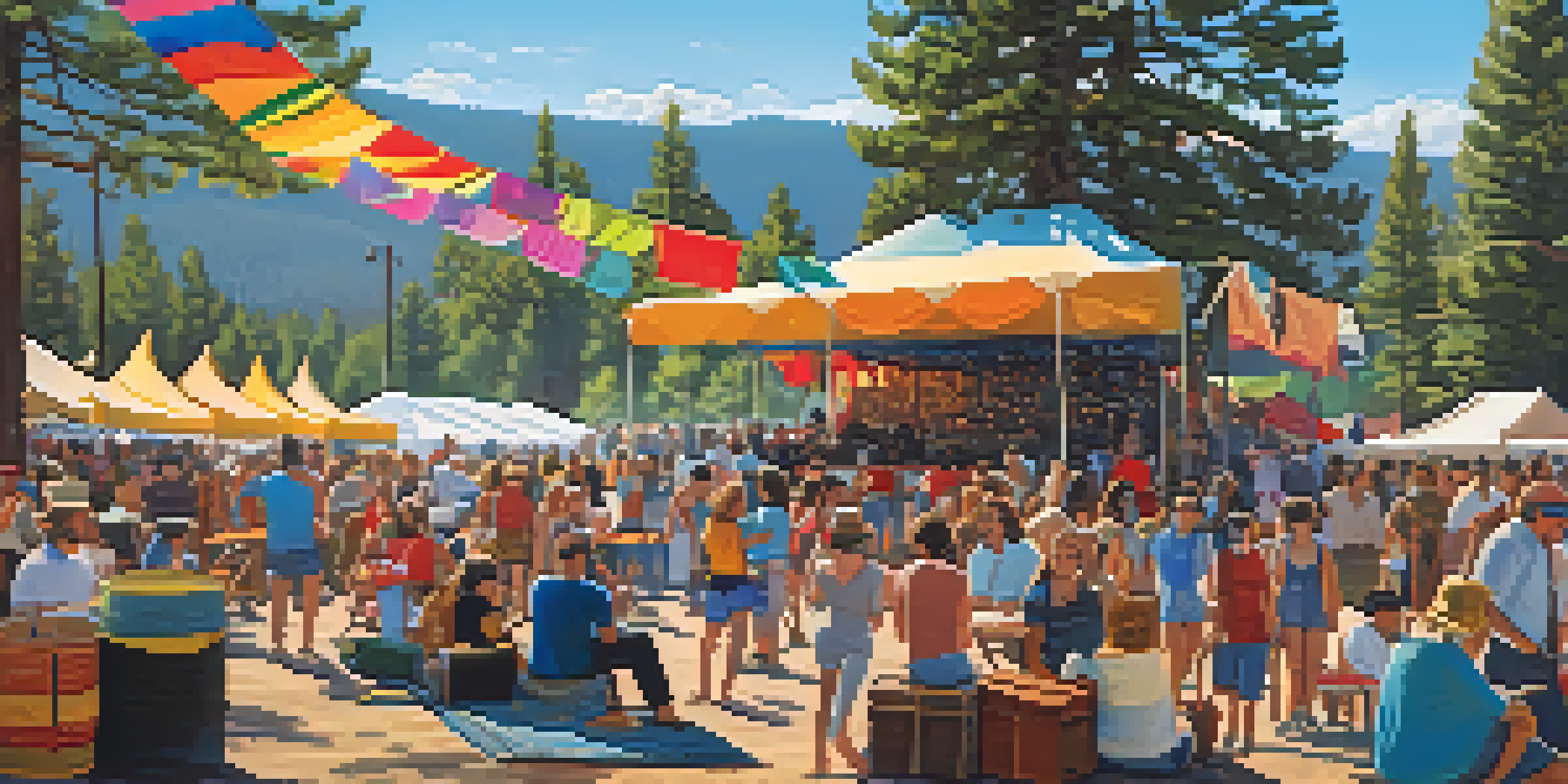 An outdoor music festival in Big Bear with a diverse crowd enjoying live performances, surrounded by trees and mountains.