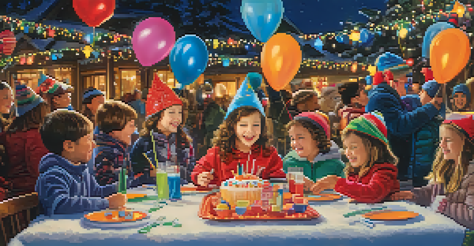 Children celebrating New Year's Eve in Big Bear, engaging in crafts and games with festive decorations and colorful balloons around them.