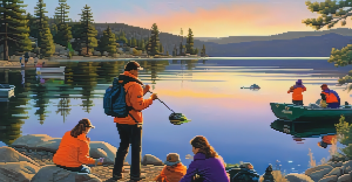 A picturesque sunset over Big Bear Lake, with volunteers cleaning the shoreline amidst beautiful nature.