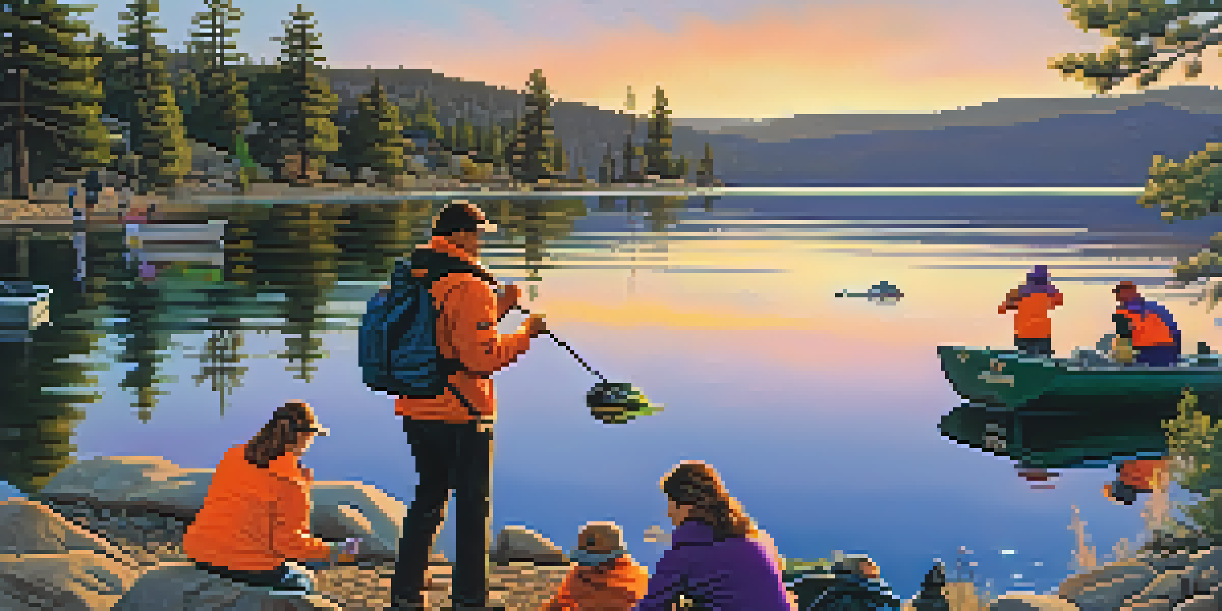 A picturesque sunset over Big Bear Lake, with volunteers cleaning the shoreline amidst beautiful nature.