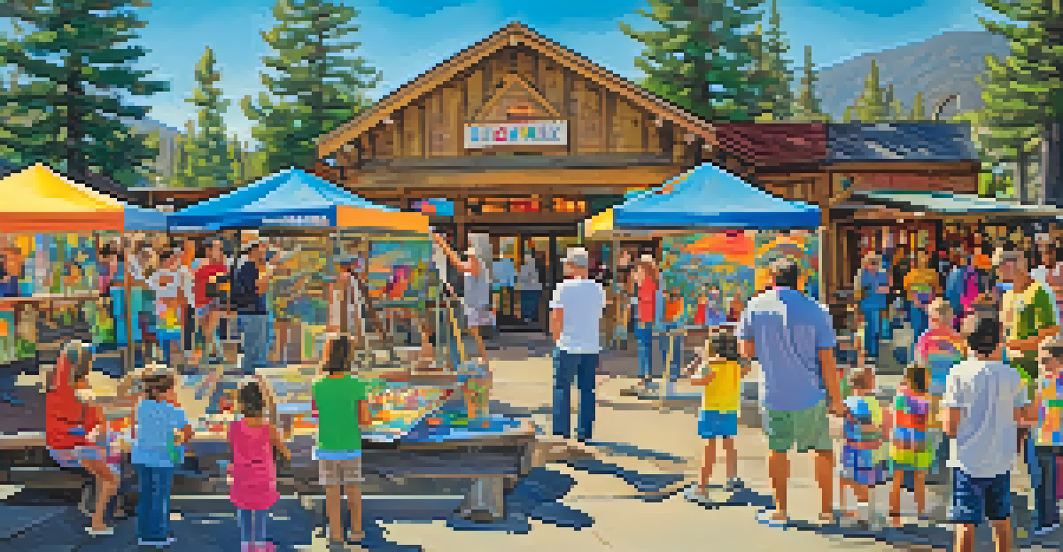 Children enjoying hands-on art projects and face painting at the Big Bear Art Walk, with musicians performing in the background.