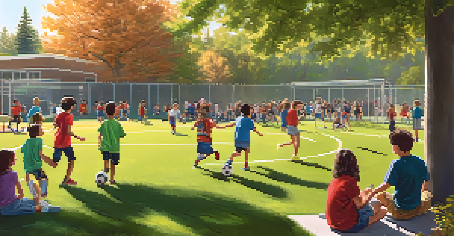 Students playing soccer outdoors at Big Bear Elementary with trees and a playground in the background.
