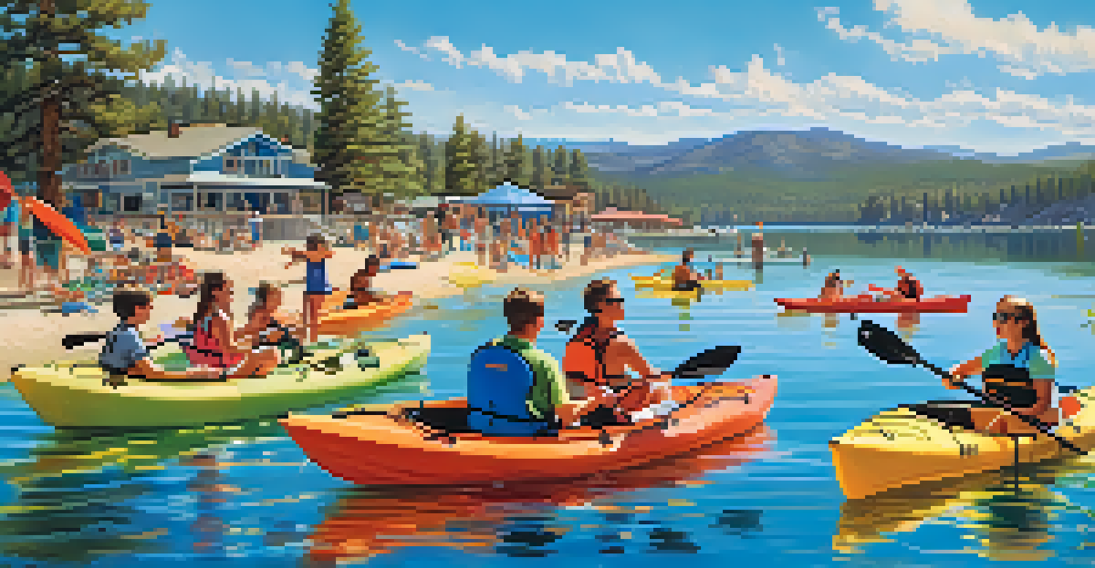 A vibrant summer scene at Big Bear Lake with families kayaking and enjoying water activities under a bright sky.