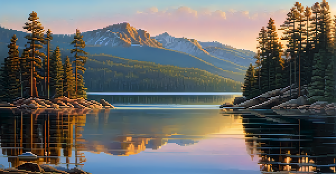 A scenic view of Big Bear Lake at sunrise with golden reflections on the water, framed by pine trees and mountains in the background.