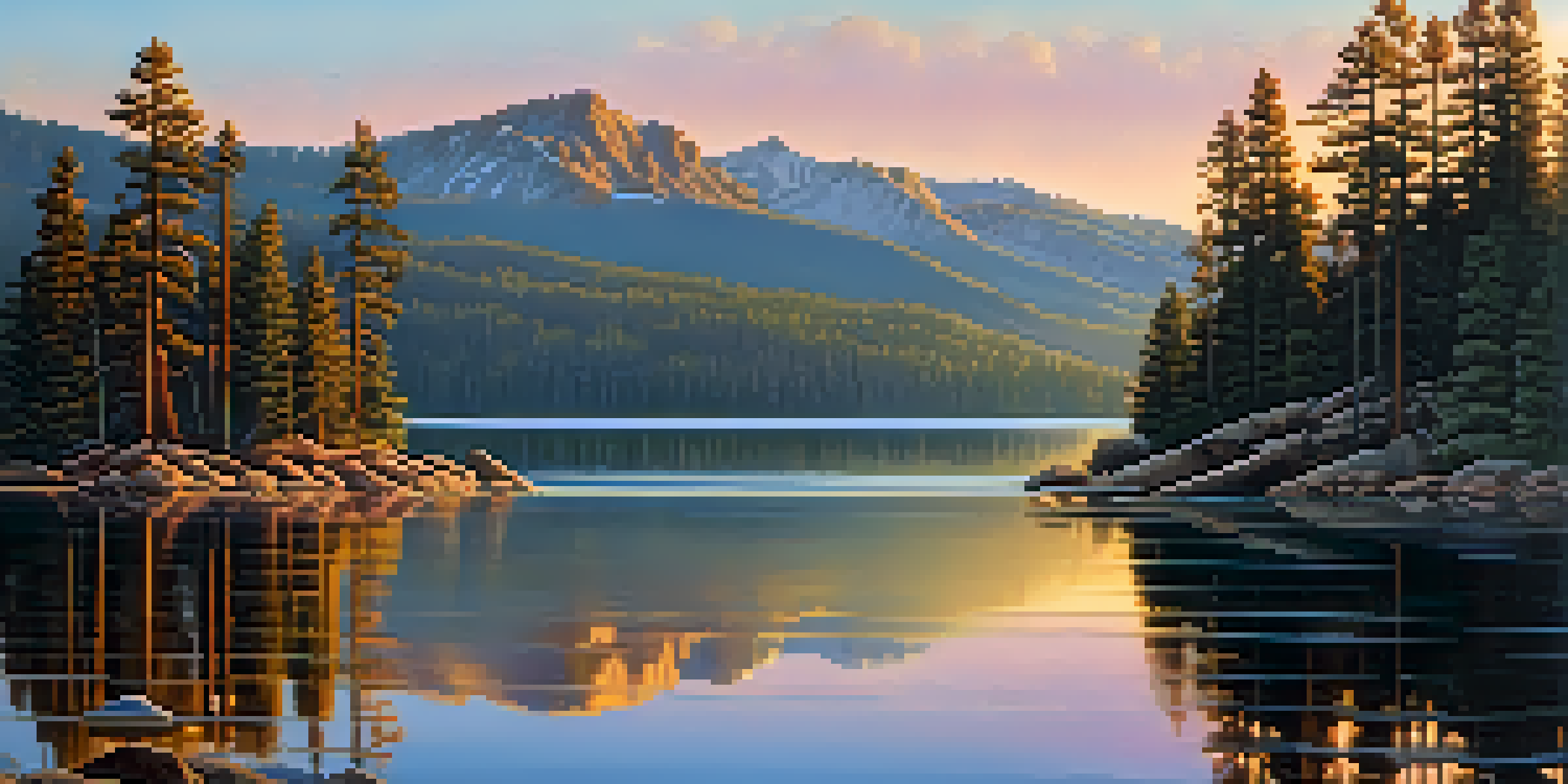 A scenic view of Big Bear Lake at sunrise with golden reflections on the water, framed by pine trees and mountains in the background.
