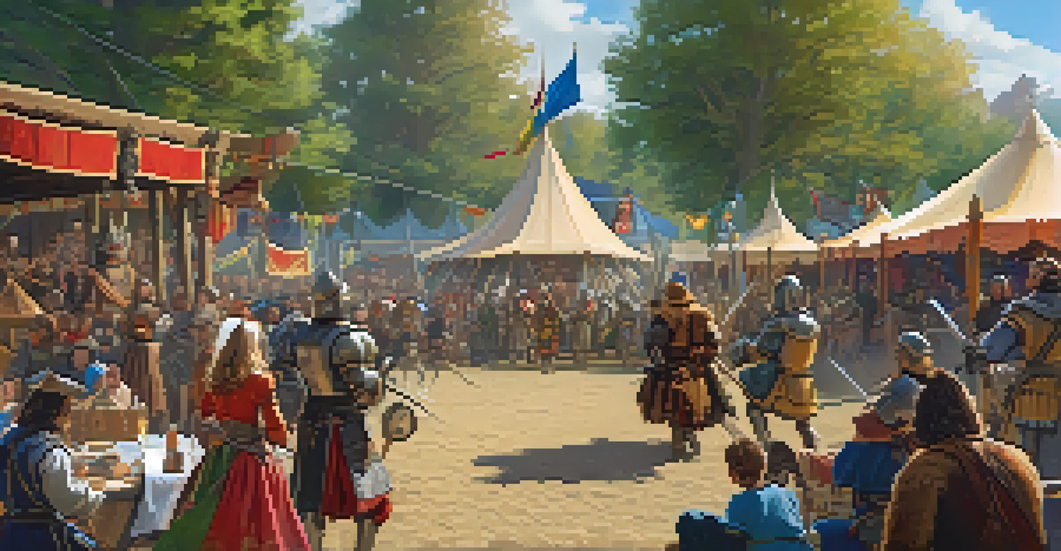 A lively Renaissance Faire scene with participants in medieval costumes, jousting, and children watching performers.
