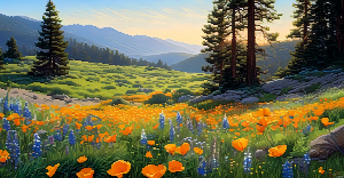 A colorful meadow in Big Bear, California, filled with blooming wildflowers like California poppies and lupines under a blue sky.