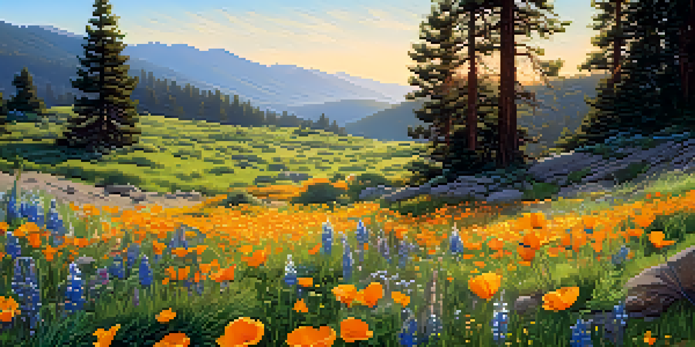 A colorful meadow in Big Bear, California, filled with blooming wildflowers like California poppies and lupines under a blue sky.