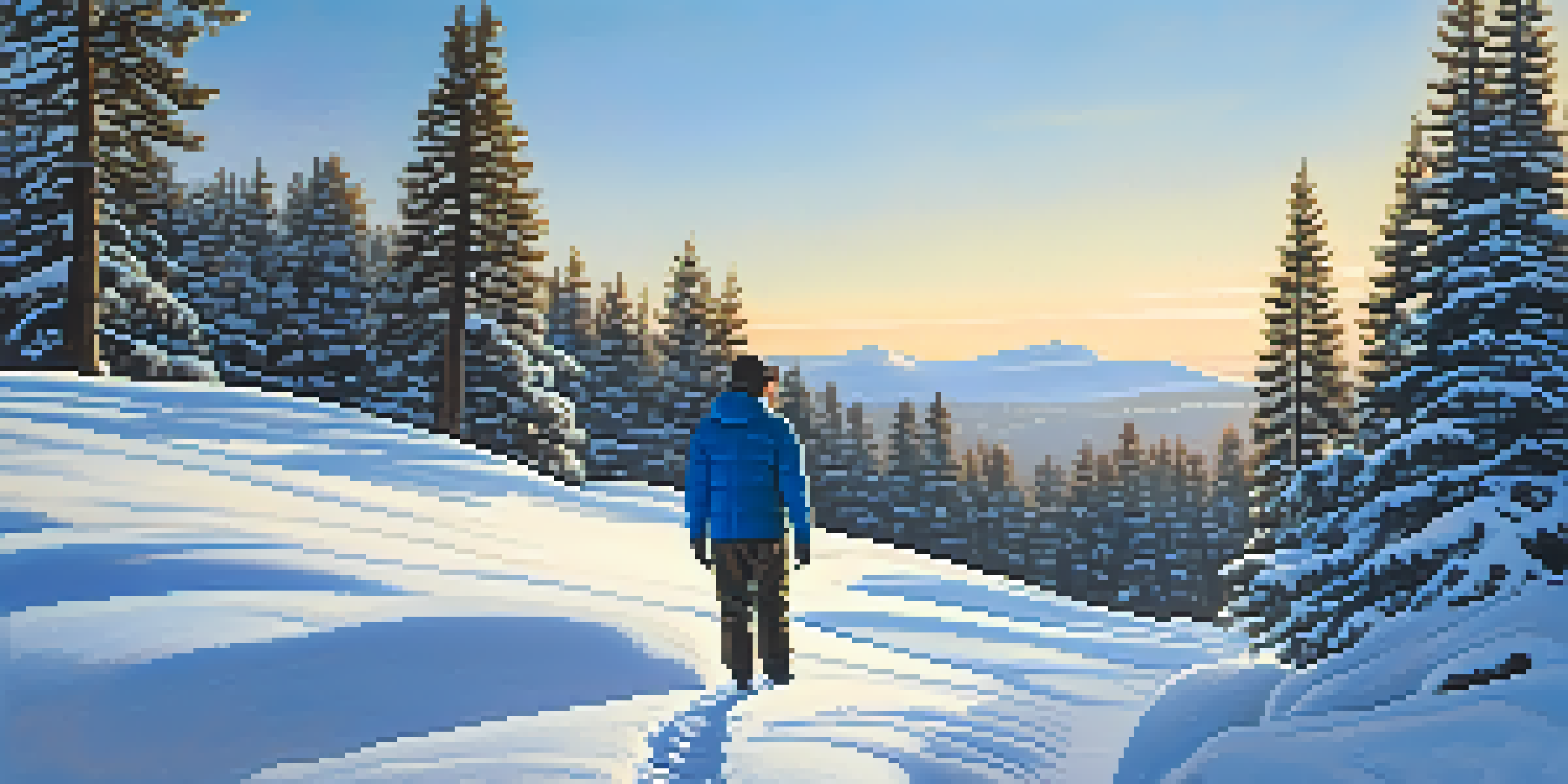 A person in layered winter clothing standing in a snowy landscape with pine trees and sunlight filtering through branches.