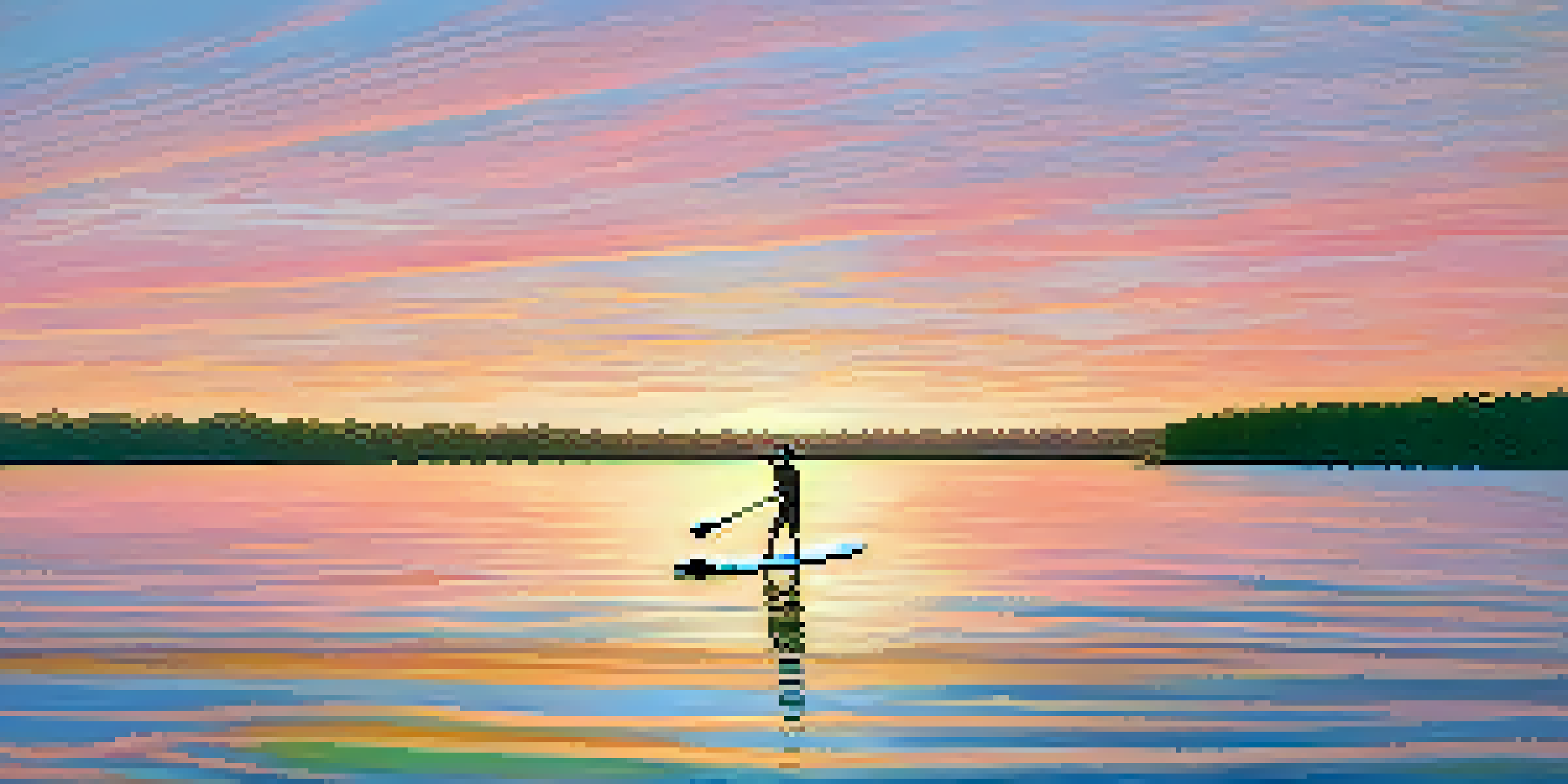 A stand-up paddleboarder in a life jacket paddling on calm waters during sunrise, with pink and orange skies and green trees in the background.