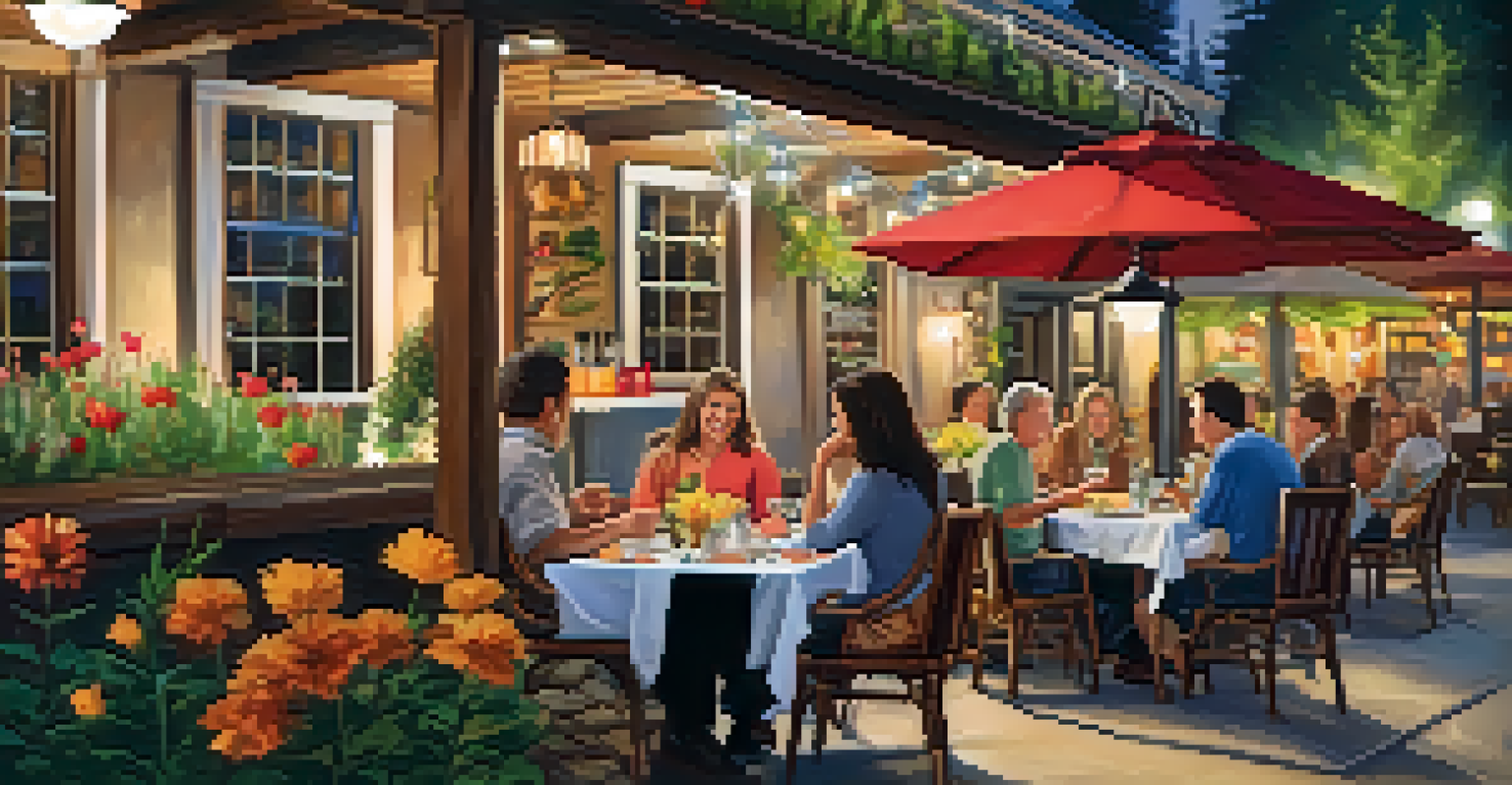 Guests enjoying gourmet meals at an outdoor bistro in Big Bear, surrounded by rustic furniture and a vibrant garden.