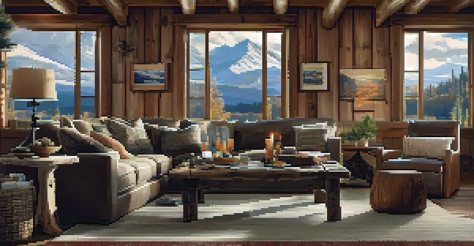 A cozy living room with a log coffee table, rustic furniture, and a view of snowy mountains through a large window.