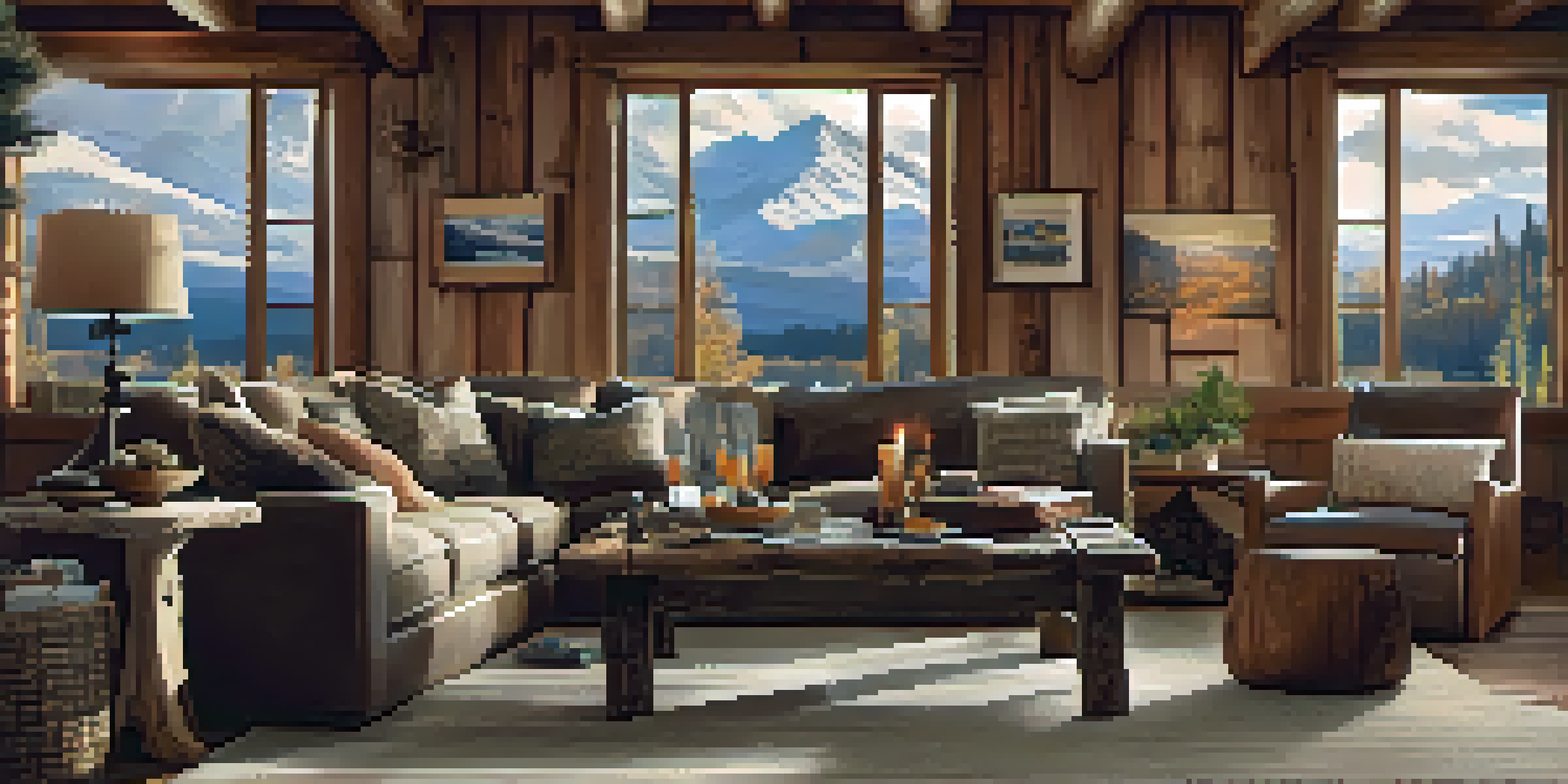 A cozy living room with a log coffee table, rustic furniture, and a view of snowy mountains through a large window.