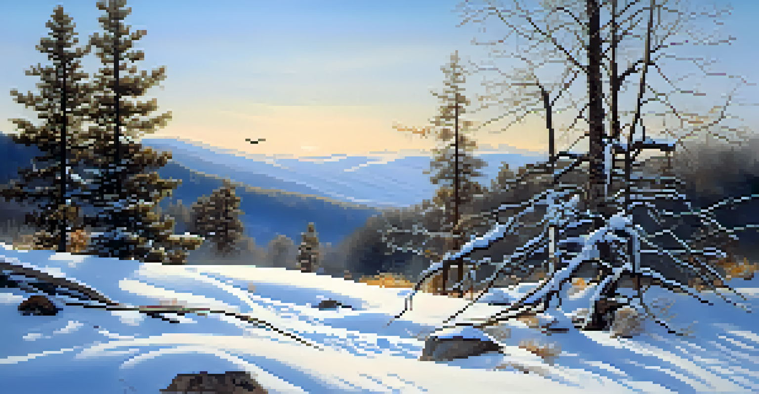 A winter scene in Big Bear with snow-covered ground and animal tracks, featuring a mountain bluebird on a branch.