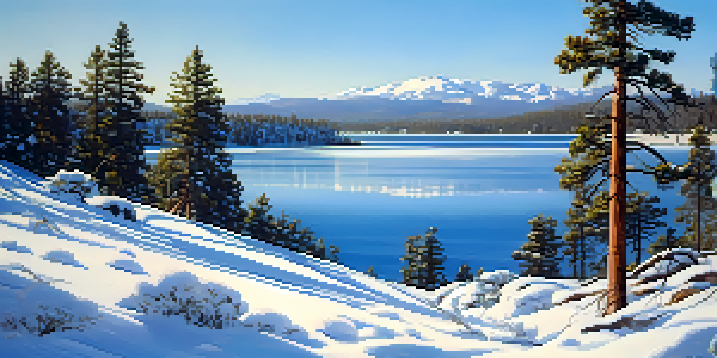 A picturesque winter scene in Big Bear with snow-covered trees and a frozen lake, illuminated by soft sunlight.
