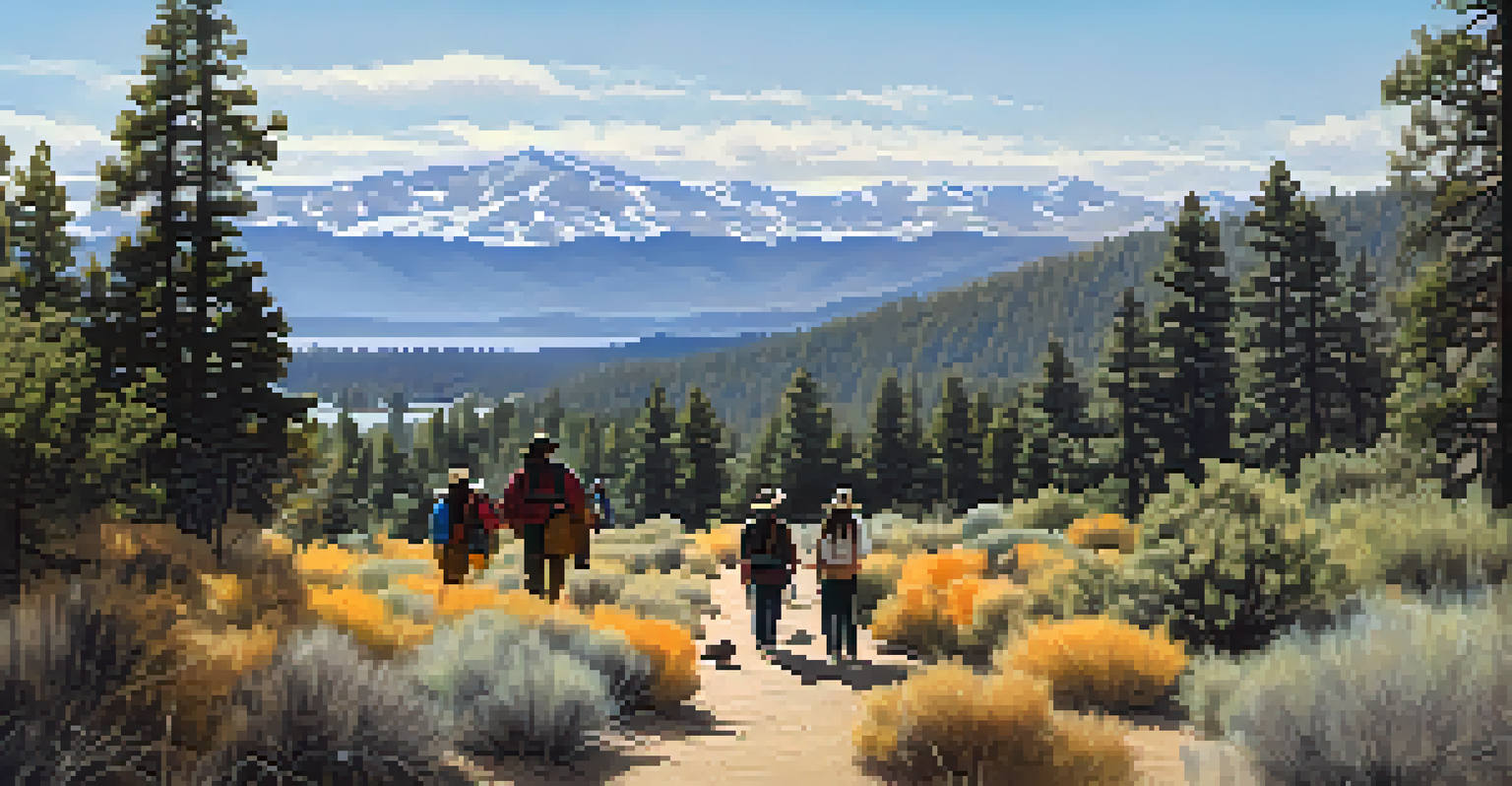 An Indigenous guide leading a nature walk in Big Bear, with participants listening amidst a beautiful natural landscape.