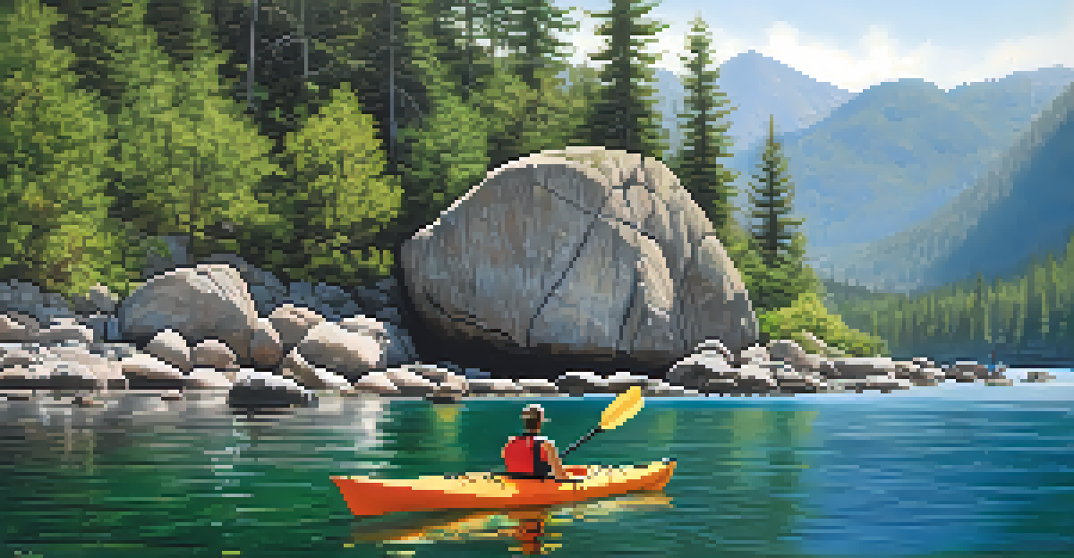 Kayakers paddling towards Boulder Bay with boulders and greenery along the scenic route, reflecting mountains in the clear water.