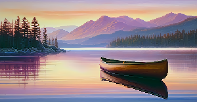 A peaceful sunrise over Big Bear Lake, featuring mist, mountains, and a canoe on the water.