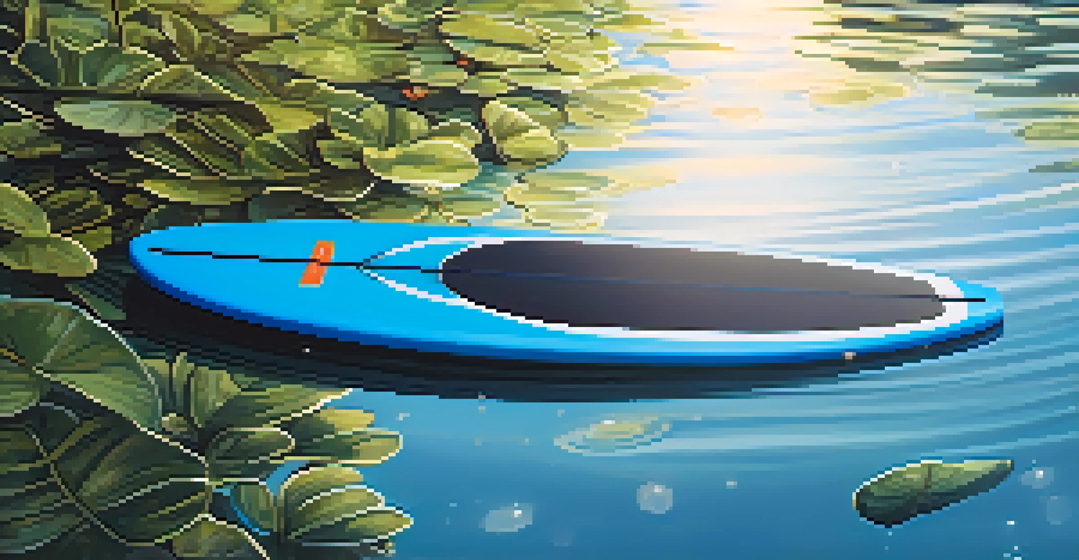A close-up of a blue paddleboard on a clear lake, with sunlight reflecting off the water.