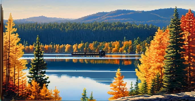 A vintage train travels through Big Bear Lake surrounded by colorful autumn trees and reflecting water.