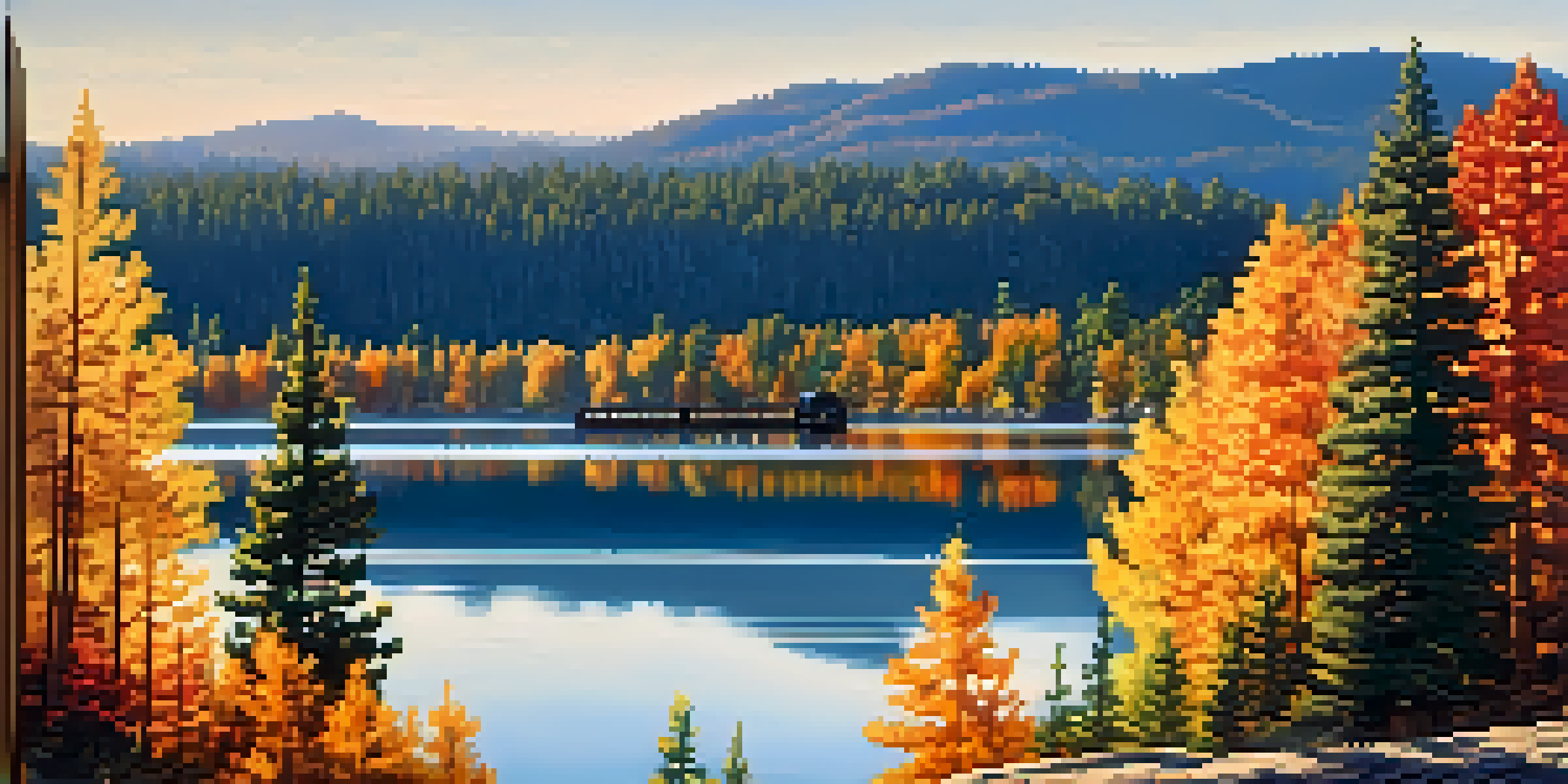 A vintage train travels through Big Bear Lake surrounded by colorful autumn trees and reflecting water.